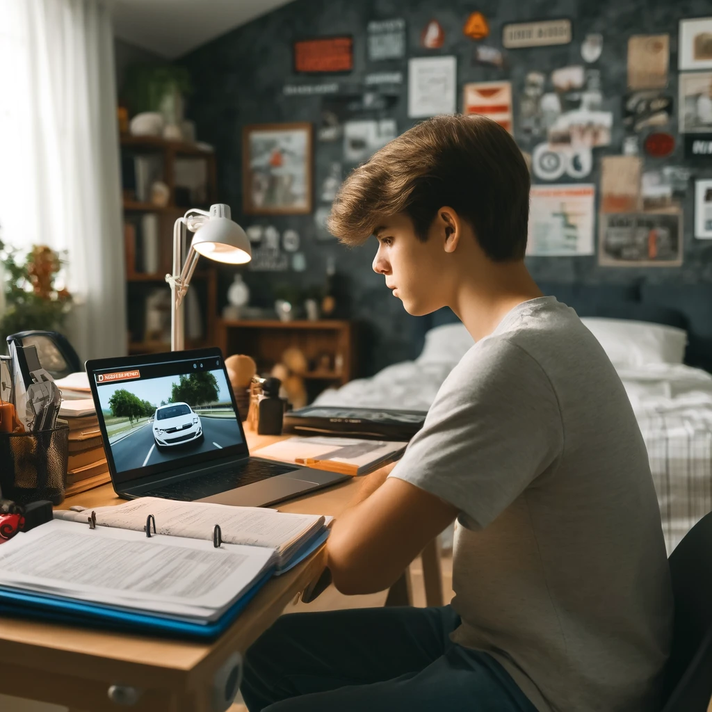 teenager in drivers education online course