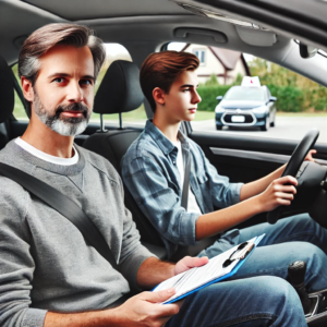 teen with instructor in car